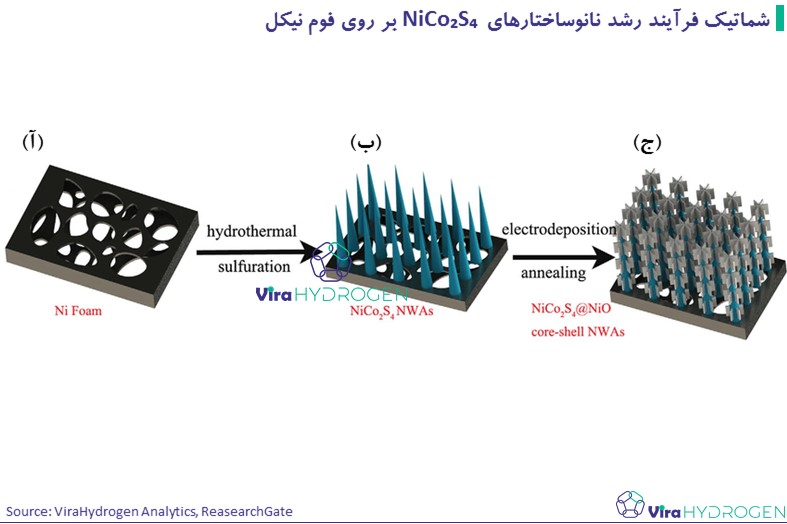 شماتیک فرآیند رشد نانوساختارهای NiCo₂S₄ بر روی فوم نیکل