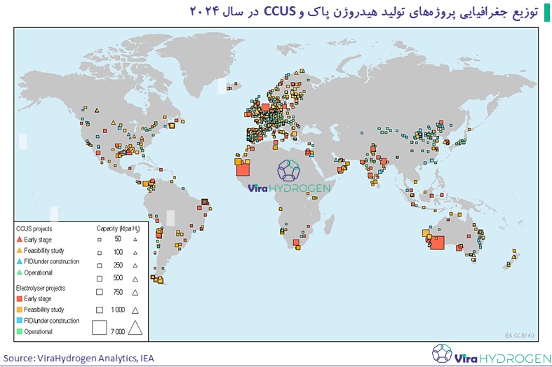 توزیع جغرافیایی پرو‌ژه‌های تولید هیدروژن پاک و CCUS در سال 2024