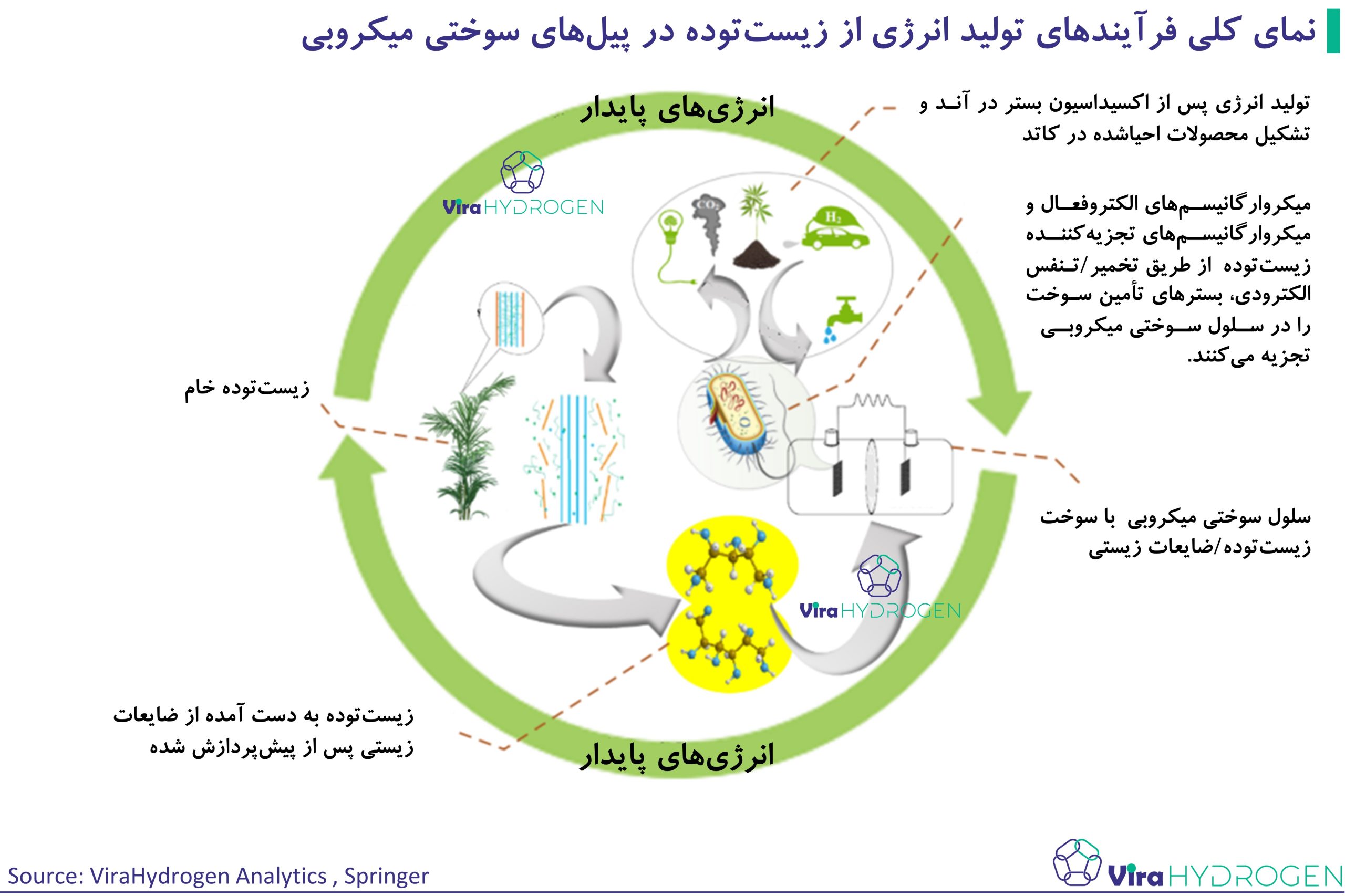 نمای کلی فرآیندهای تولید انرژی از زیست‌توده در پیل‌های سوختی میکروبی